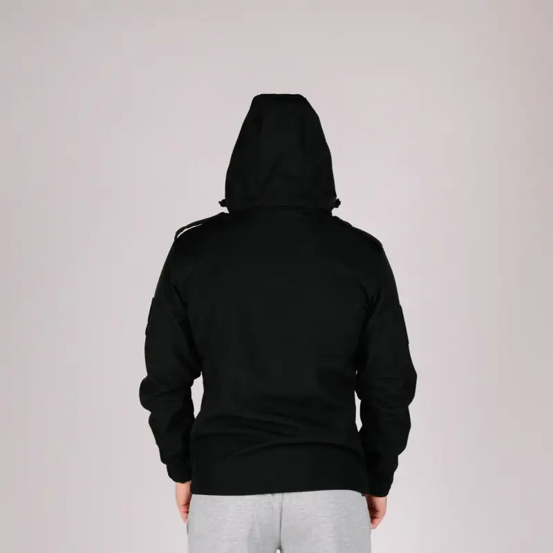 Black hooded sweatshirt from Tactical Jacket Alpha with hand pockets for a tactical jacket style