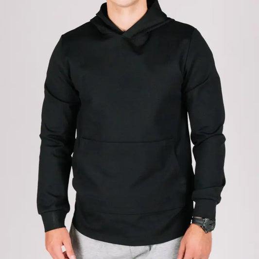 Durable concealment hoodie with black color, hand pocket, and smooth drawstrings