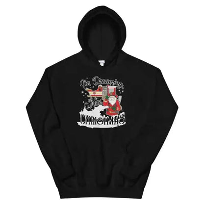 Black hooded sweatshirt with Christmas train design, perfect for White Christmas Unisex style