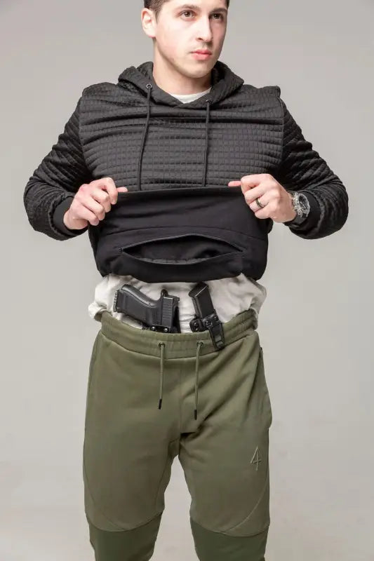 Black Standoff Concealment Hoodie Mk.II with stripes revealing concealed holster