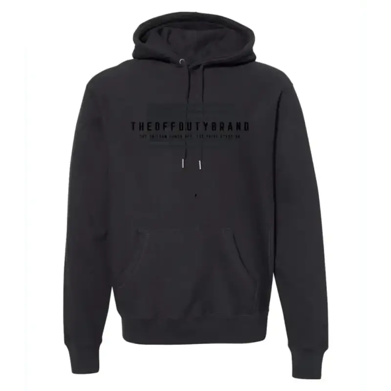 Black hooded sweatshirt featuring THEOFFDUTYBAND, part of the Duty Valor Collection