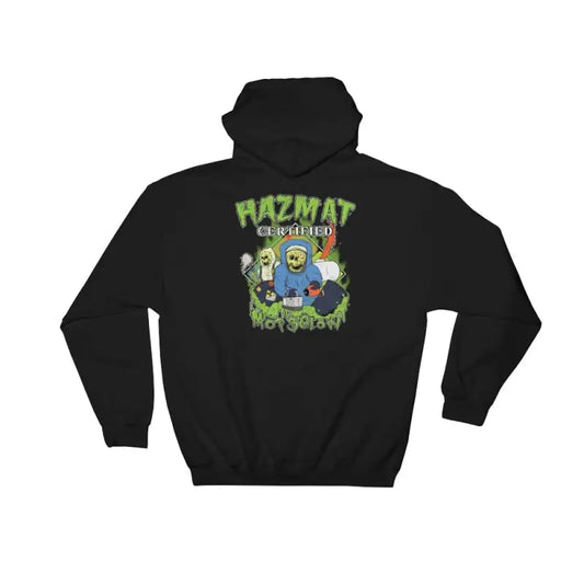 Black Hazmat Certified Hoodie featuring colorful cartoon graphic design on back