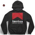 Black Smoke Eater Hoodie with red logo and mountain silhouette design