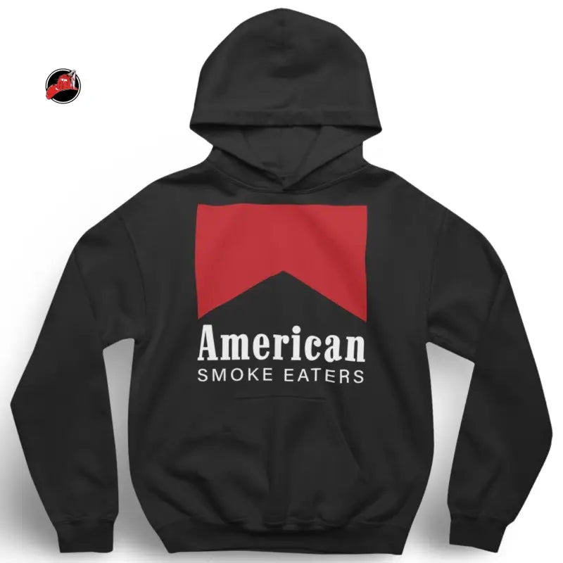 Black Smoke Eater Hoodie with red logo and mountain silhouette design