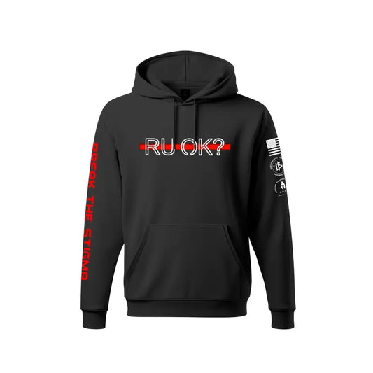 Black Stigma Breaking Hoodie- Red Line featuring RU OK? text for mental health awareness