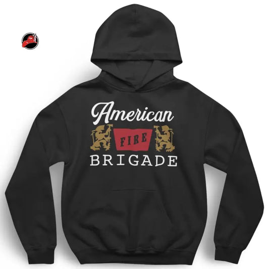 Black Banquet Hoodie featuring American Fire Brigade text for first responders and firefighters