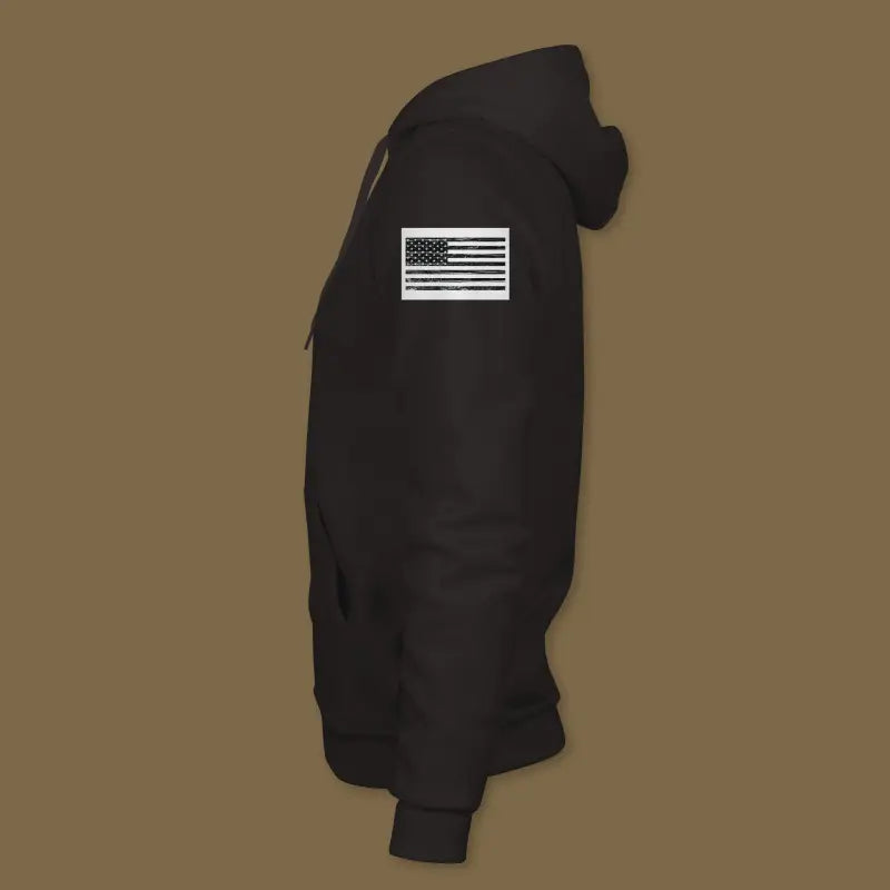 Black Halligan Hoodie made of ring spun cotton with American flag patch on sleeve