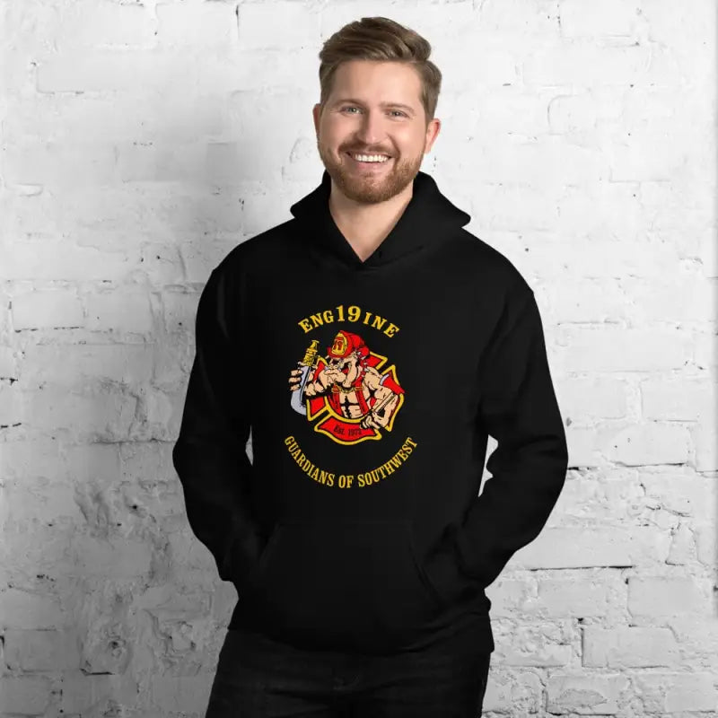 Black unisex hoodie with Cartoon Firefighter Tiger Mascot design on Engine 19