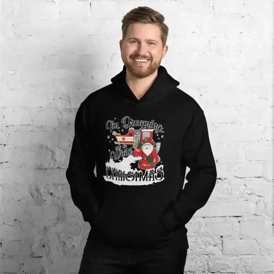 Black hoodie sweatshirt with Santa graphic for White Christmas Unisex wear in 2XL 3XL 4XL