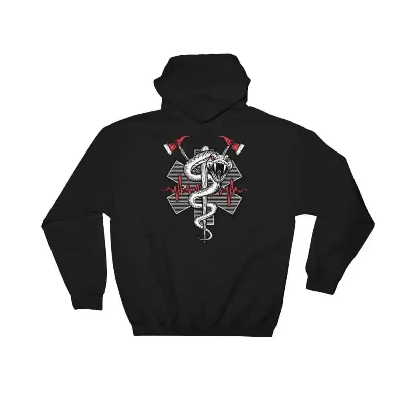 Black hoodie featuring firefighter EMT emblem with crossed axes for first responders