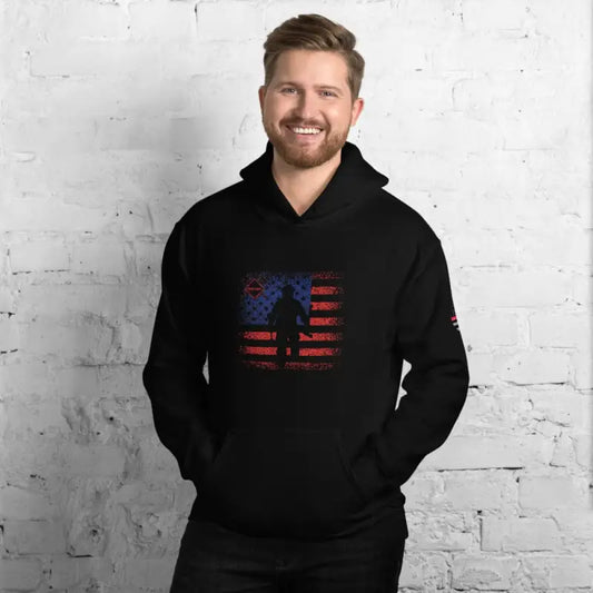 Black hoodie sweatshirt with soldier silhouette and American flag for Flag Firefighter Unisex