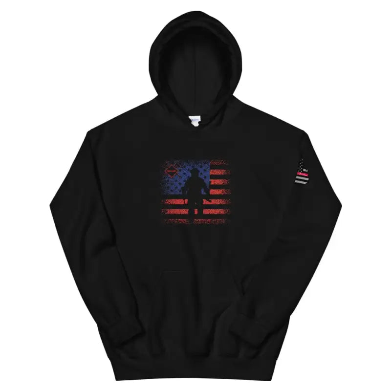 Black Flag Firefighter Unisex Hoodie with patriotic American flag and soldier silhouette