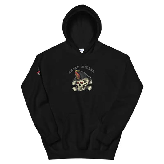 Black hoodie sweatshirt featuring Chief Miller Skull design with witch hat, unisex style