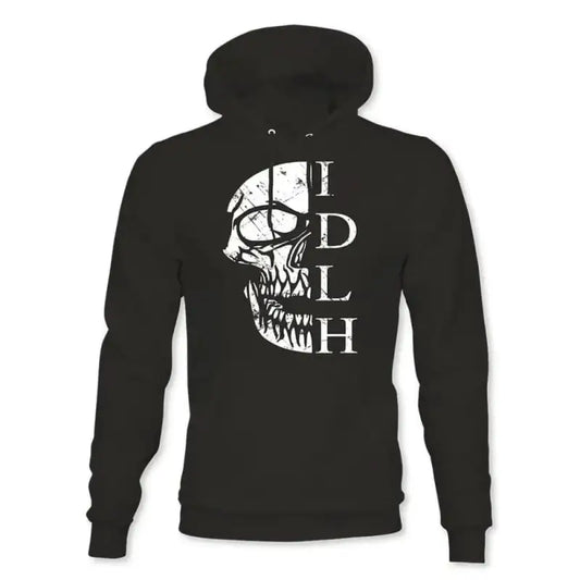 Black skull hoodie sweatshirt with white skull design and IDLH text for first responders