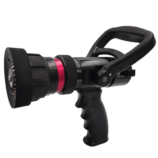 Black fire hose nozzle with selectable flow settings in stainless steel for rapid response firefighting