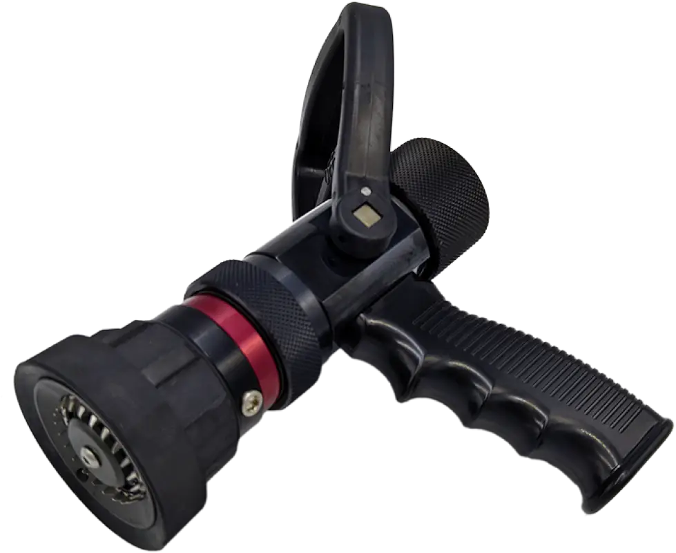 Black fire hose nozzle with pistol grip, stainless steel, selectable flow settings