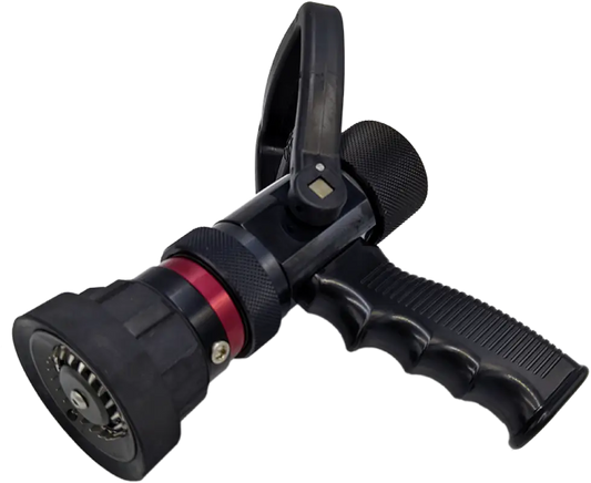 Black fire hose nozzle with pistol grip, stainless steel, selectable flow settings