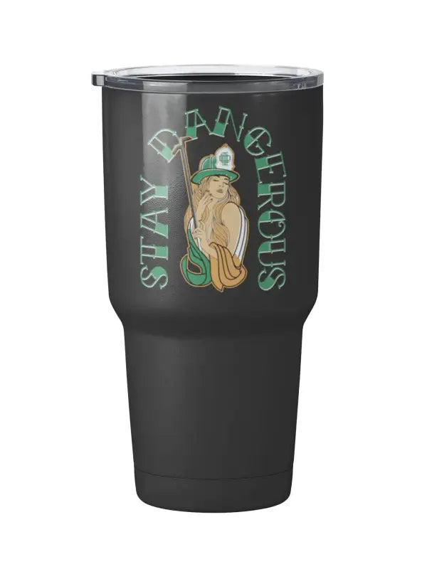 Black insulated Irish Tumbler featuring a green and tan penguin design for first responders