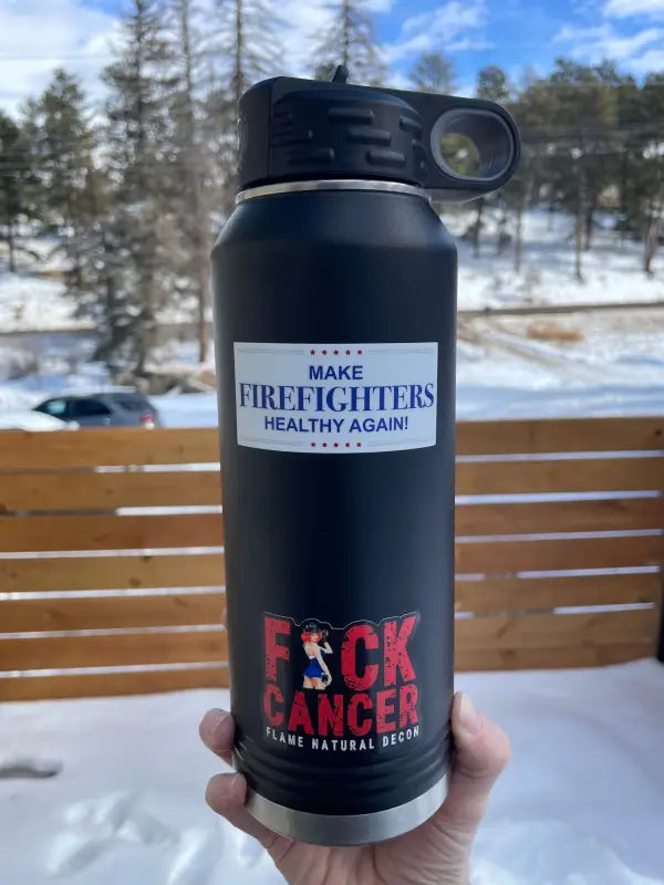 Black insulated water bottle with Firefighters and F*ck Cancer text for Make Firefighters Healthy