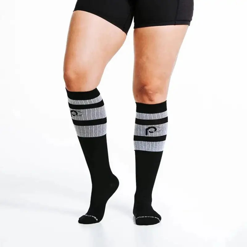 Black Classic Stripe knee-high athletic socks with gray striped bands