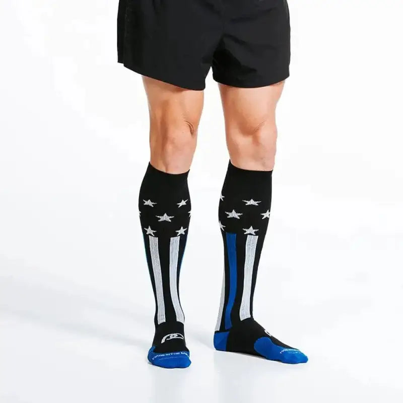 Black knee-high socks with white stars and blue stripes for First Responder Blue