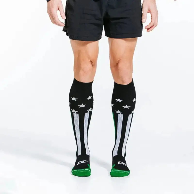 Black knee-high socks with white stars and stripes in First Responder Green