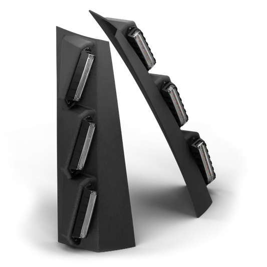 Black knife block with angled slots for Feniex Quantum Pillar Mount, ideal for first responders