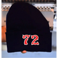 Black knit beanie featuring red number 72 in a stylish two color design