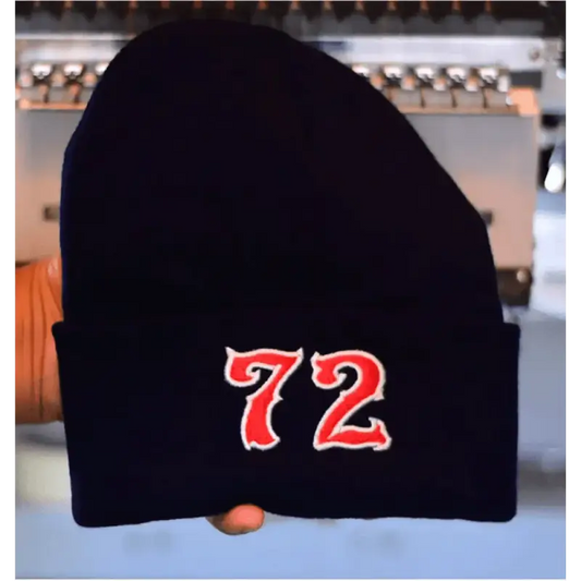 Black knit beanie featuring red number 72 in a stylish two color design