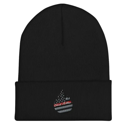 Black Cuffed Beanie- Chief Miller with red-striped American flag flame logo