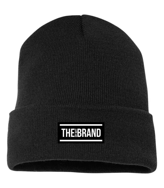 Black knit beanie with THE:BRAND patch from the Classic Collection Beanie line