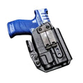 Black Kydex holster with blue-gripped handgun for Light Bearing IWB Holsters