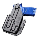 Black Kydex Light Bearing IWB Holster with blue pistol grip and optic cut design