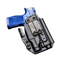 Black Kydex Light Bearing IWB Holster with blue Sig Sauer pistol and optic cut