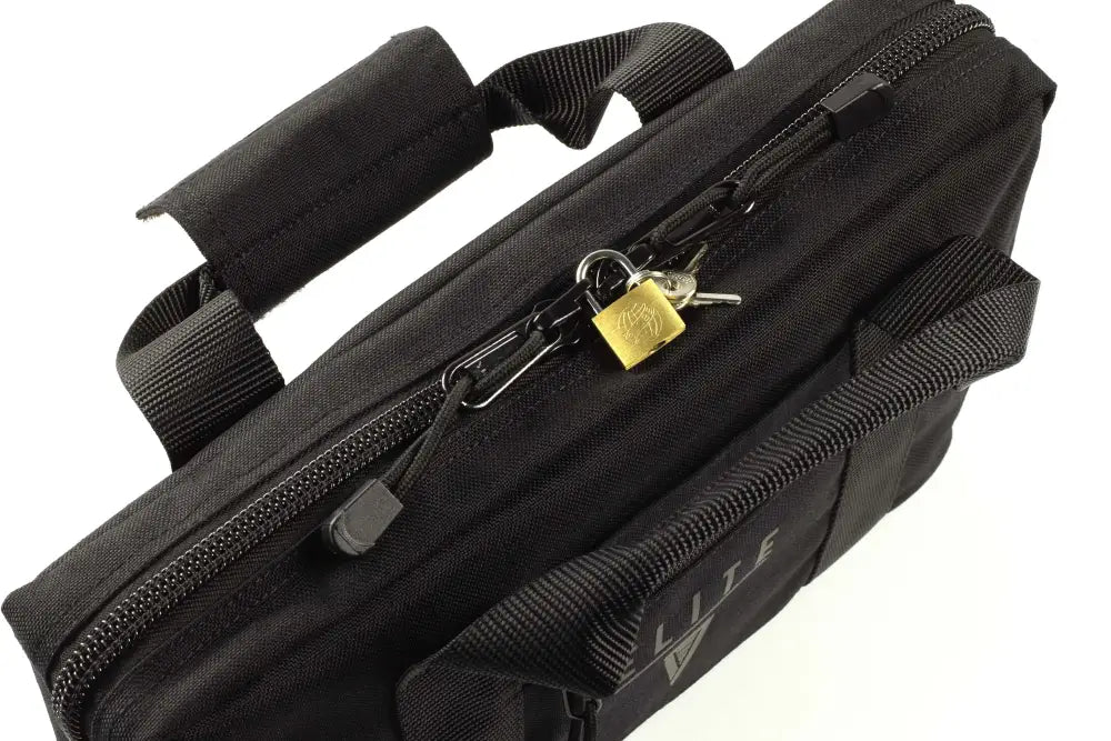 Black laptop bag with brass padlock for secure deluxe pistol case storage