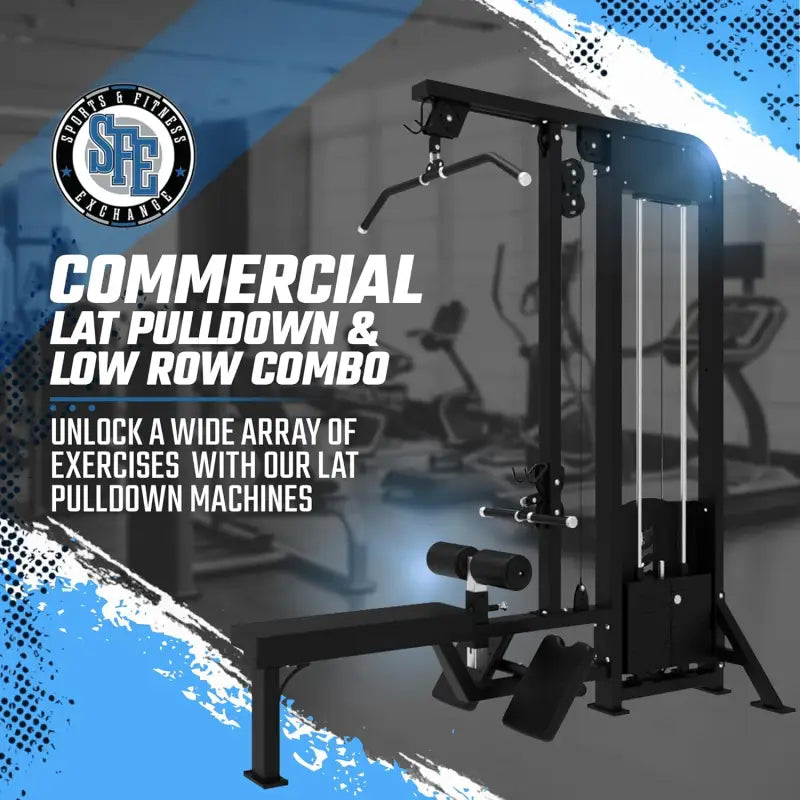 Black SFE Lat Pulldown & Low Row Combo with 250lb weight stack for effective workouts