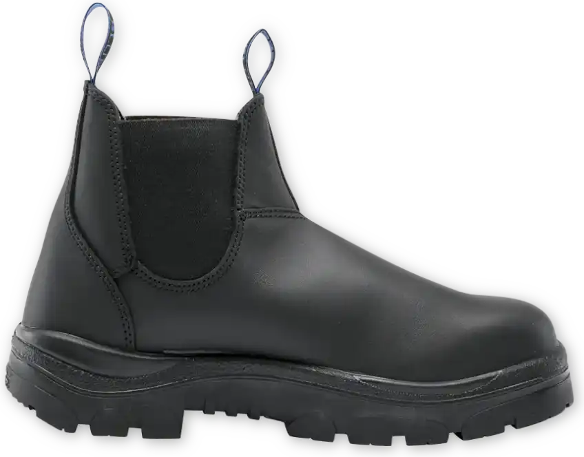 Black leather ankle boot with elastic side panels and a chunky sole.