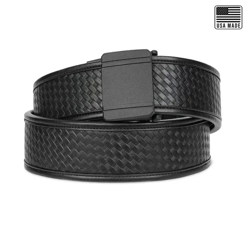 Black leather basketweave duty belt with woven pattern and dark metal buckle