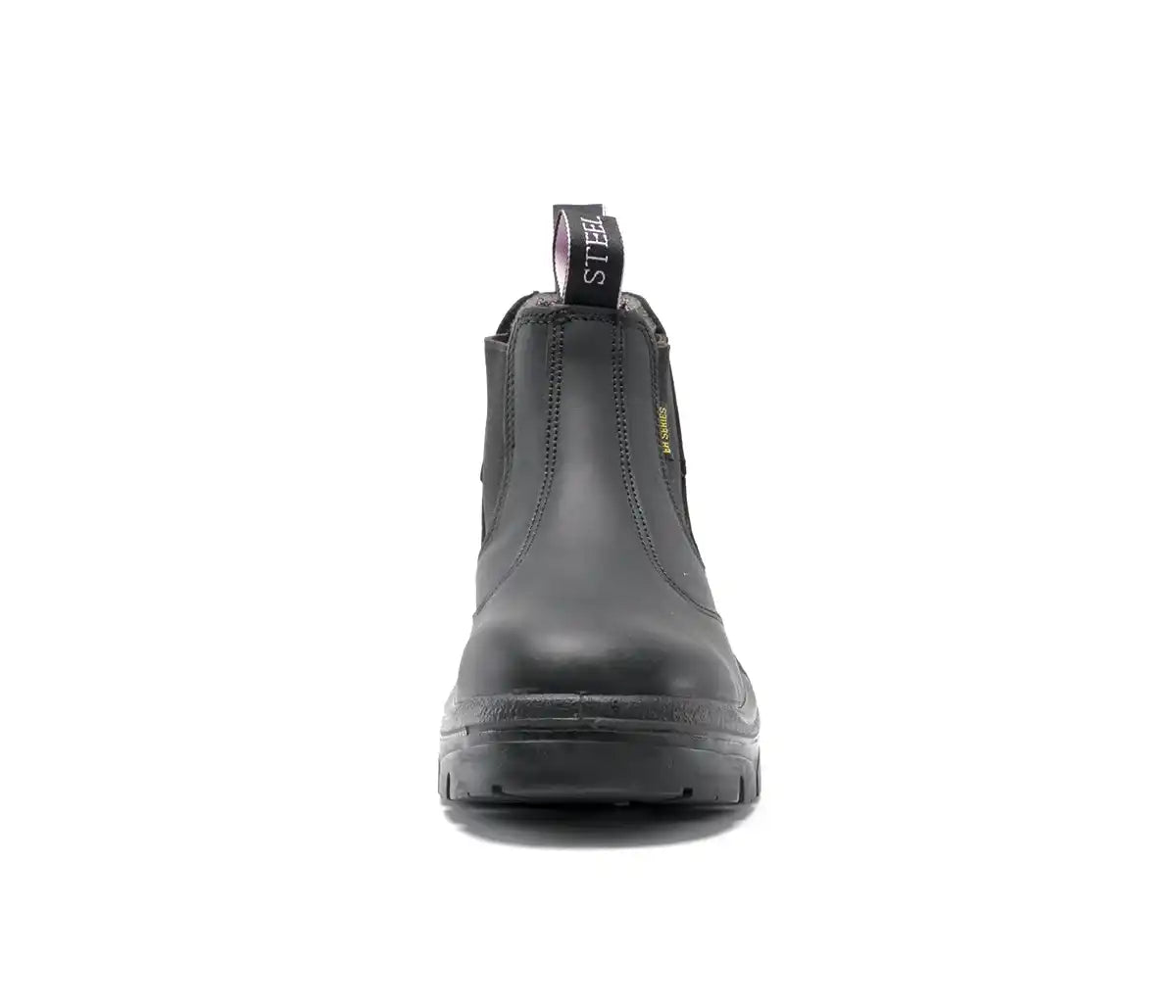 Black leather Chelsea boot with a thick rubber sole.