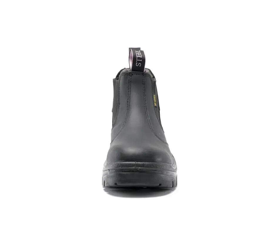 Black leather Chelsea-style work boot with steel toe cap for demanding work environments