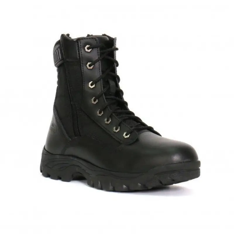 Black leather SWAT style lace up boots with zippers and rugged sole from Hot Leathers