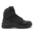 Black leather and fabric work boot with non-metallic composite for firefighters and first responders
