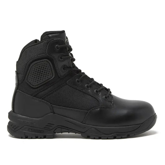 Black leather and fabric work boot with non-metallic composite for firefighters and first responders
