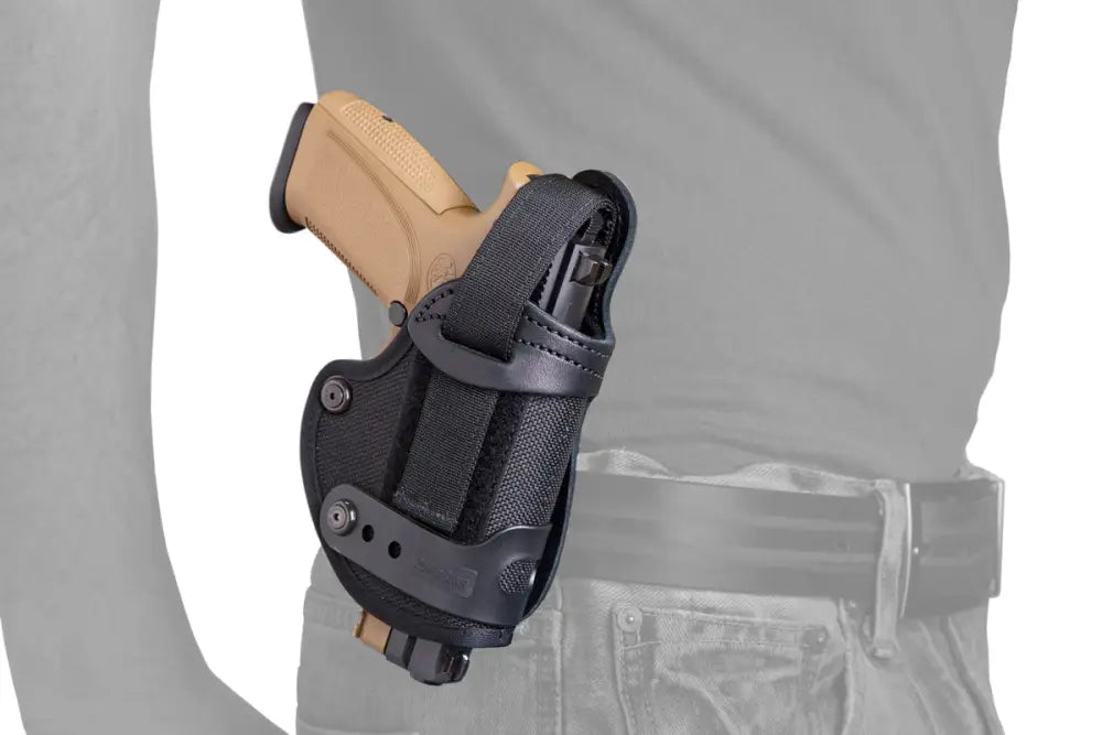 Black leather gun holster with belt attachment for Contour Paddle Holster by Sig Sauer and H&K