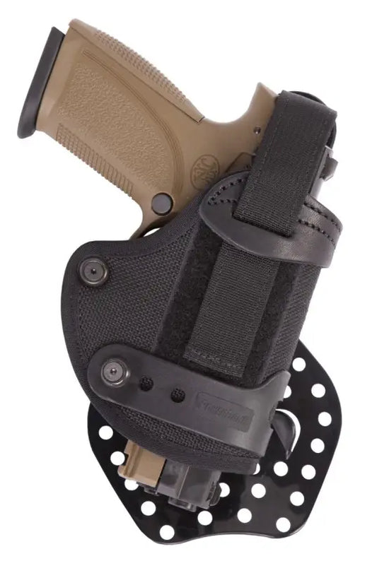 Black leather Contour Paddle Holster with ventilation holes and tan Sig Sauer grip