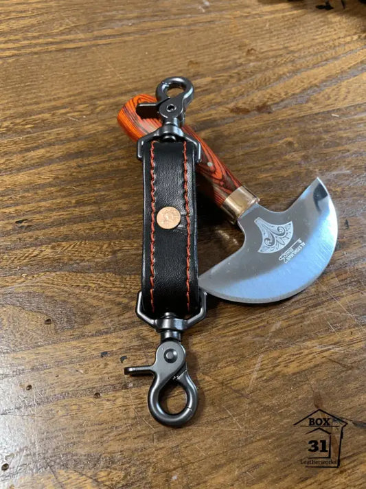 Black leather keychain with orange stitching for Anti-Sway Strap and radio strap combos