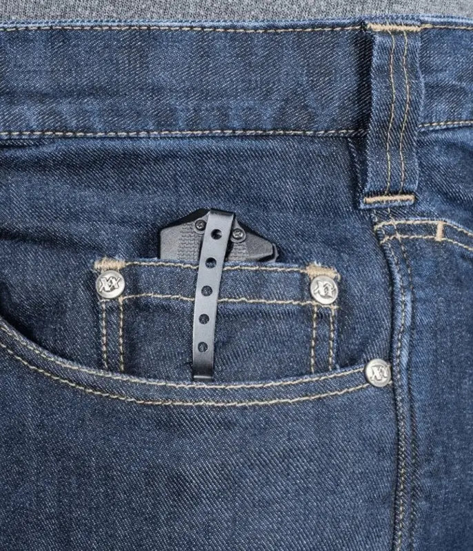 Black leather pocket clip on Asset Tactical Jeans enhances functionality and style