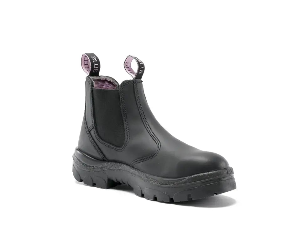 Black leather steel toe cap safety boot for demanding work environments with elastic side panels