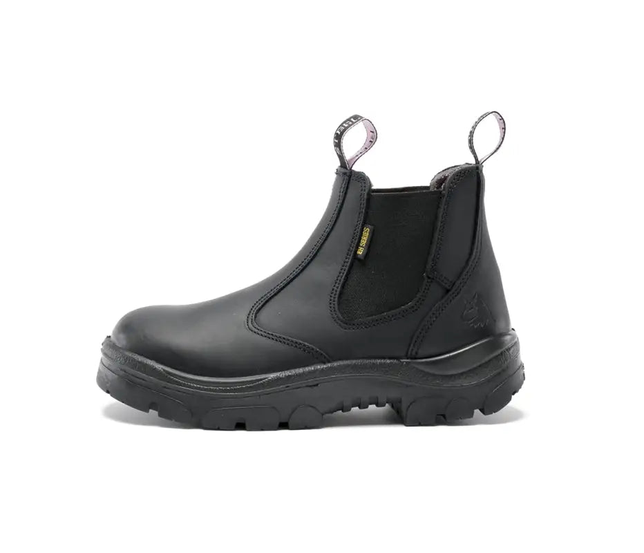 Black leather steel-toe work boot with elastic side panels for demanding work environments