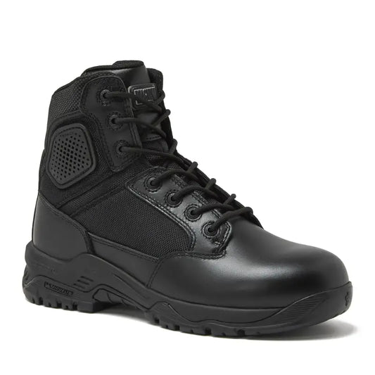 Black leather tactical boot with non-metallic composite for first responders and firefighters